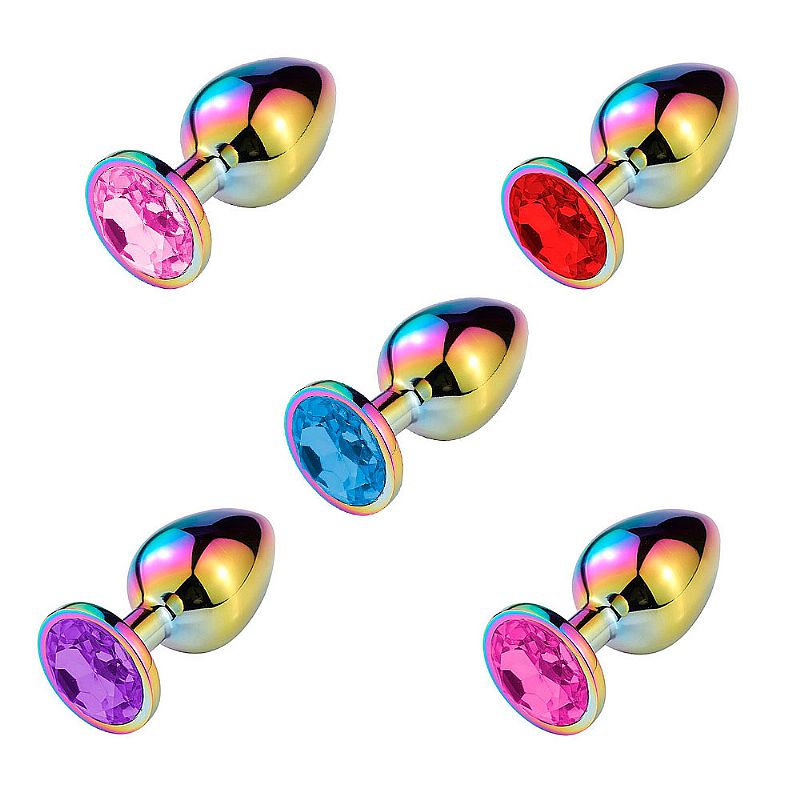 Plug Anal de Aço Inoxidável Furta-Cor com Pedra Colorida - Tamanho M (8,1 cm x 3,4 cm) - Estimulador Anal para Dominação - Fascinare