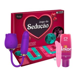 Kit Sedução Completo Fascinare: Vibrador Rosa 7 Modos, Gel, Mini Ponto G Golfinho e Jogo