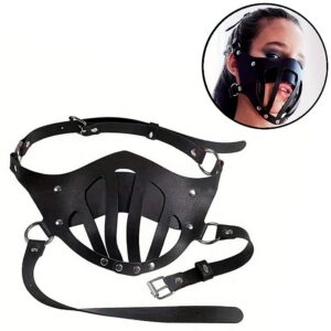Máscara de Boca de Couro — Mordaça Gaiola BDSM em PU com Tiras Ajustáveis, Argolas Metálicas e Fivela, Acessório Fetichista para Dominação e Submissão