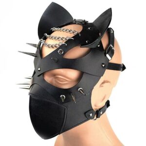 Máscara com Spikes — Máscara BDSM Fetichista em PVC Formato Felino com Spikes Metálicos, Correntes na Testa e Focinho Estruturado