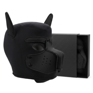 Máscara de Cachorro — Capuz BDSM Pet Play em Neoprene com Detalhes Roxos, Orelhas Triangulares e Focinho Estruturado