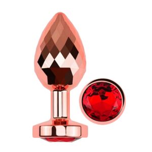 Plug Anal de Aço G Dourado — 9,7 x 3,8 cm: Aço Polido Dourado com Superfície Diamond-Cut e Cristal Vermelho na Base