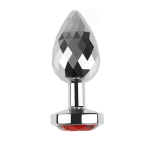 Plug Anal de Aço G — 9,7 x 3,8 cm: Aço Inoxidável Polido Prata com Superfície Diamond-Cut e Cristal Vermelho na Base